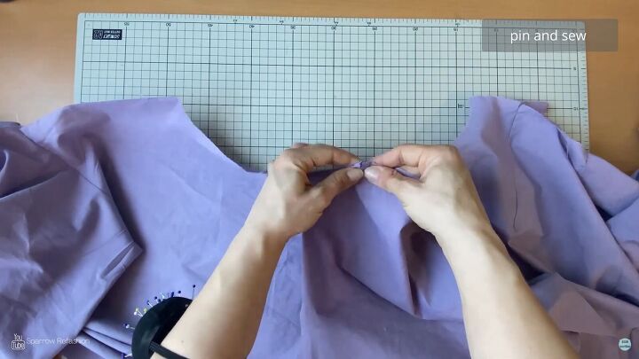 how to sew a skater dress with long sleeves out of an old bedsheet, Pinning the sleeves to the armholes