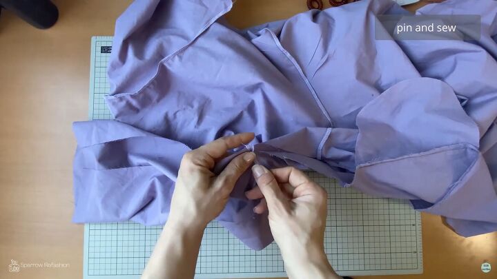 how to sew a skater dress with long sleeves out of an old bedsheet, Pinning the armhole and sleeve inseams