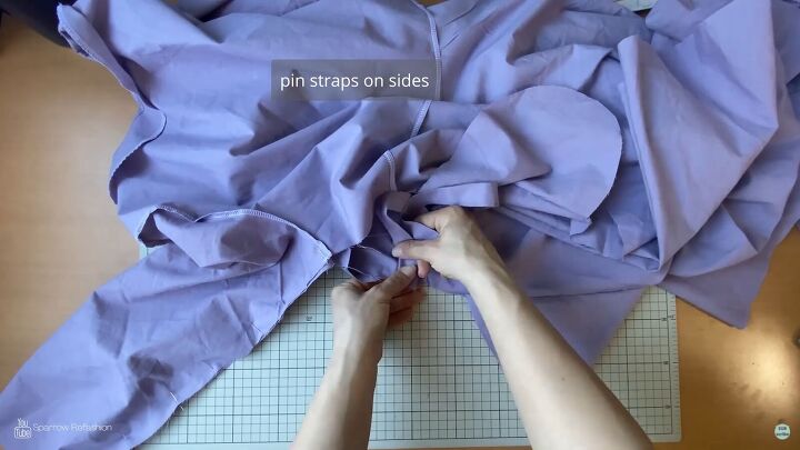how to sew a skater dress with long sleeves out of an old bedsheet, Pinning the side seams with the straps