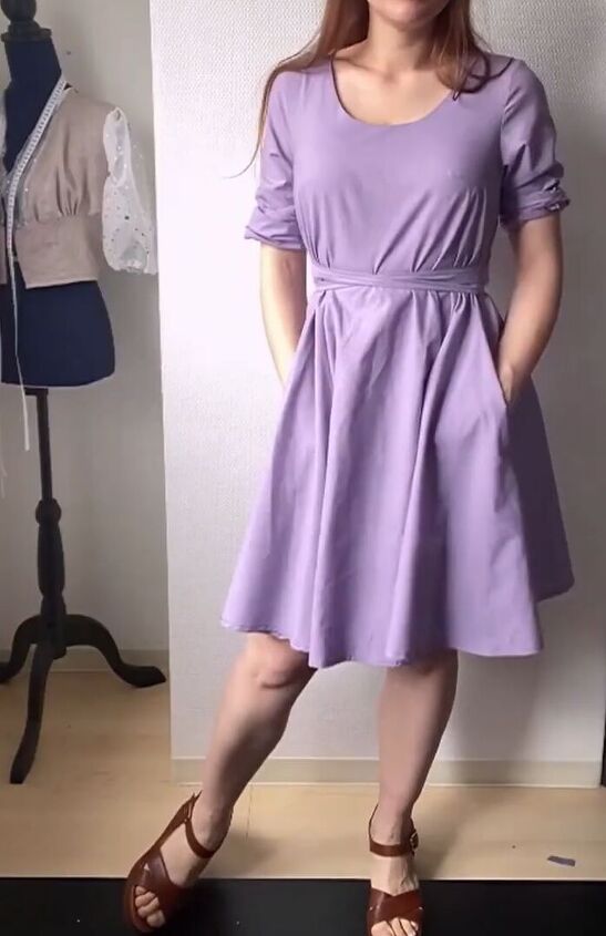 how to sew a skater dress with long sleeves out of an old bedsheet, DIY skater dress