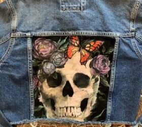 how to upcycle a denim jacket easily using an old graphic tee, DIY upcycled jean jacket with a skull design