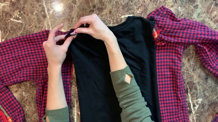 how to make a diy t shirt with flannel sleeves in 6 simple steps, Pinning the flannel sides to the t shirt