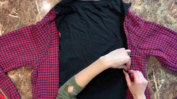 how to make a diy t shirt with flannel sleeves in 6 simple steps, Sewing a flannel t shirt