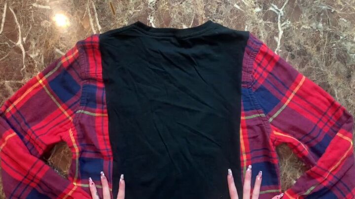 how to make a diy t shirt with flannel sleeves in 6 simple steps, Back of the DIY t shirt with flannel sleeves