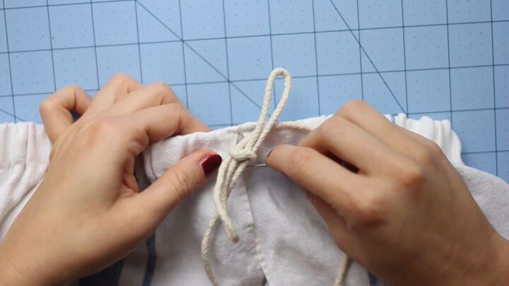 how to make a strapless crop top out of an old tablecloth, Adding a decorative rope tie to the top
