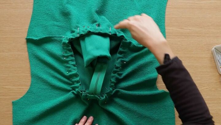 diy how to make a cozy zip sweatshirt, pining down the sweatshirt collar