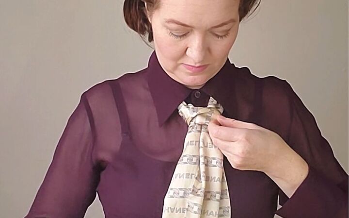 how to wear a silk scarf with a shirt 3 unique looks for the office, Creating a tie with the silk scarf