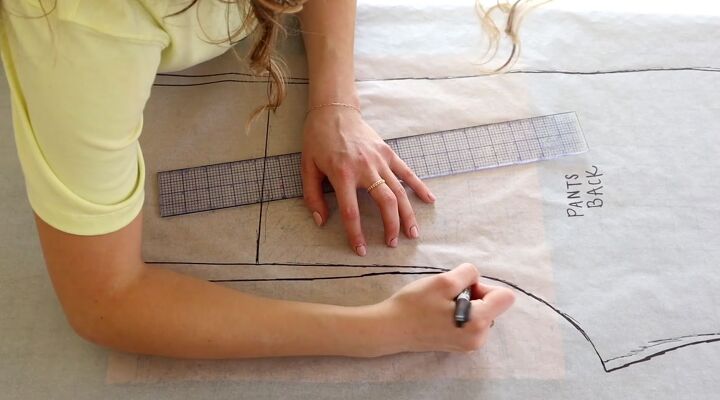 how to easily turn an old bridesmaid dress into a jumpsuit, Drawing the pants pattern