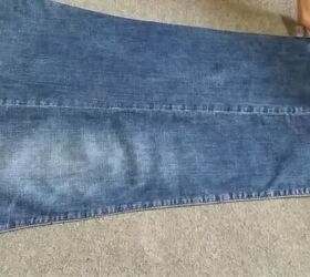 how to make a pretty diy denim top with cute scalloped details, Removing the bottom hem of the jeans