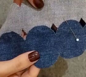 how to make a pretty diy denim top with cute scalloped details, Hand sewing the strips together