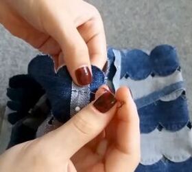 how to make a pretty diy denim top with cute scalloped details, Hand sewing the straps to the top