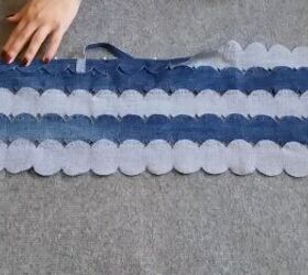 how to make a pretty diy denim top with cute scalloped details, Hemming the neckline of the top