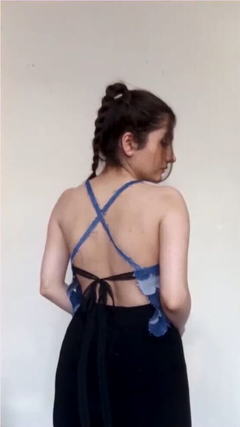 how to make a pretty diy denim top with cute scalloped details, DIY denim top from the back