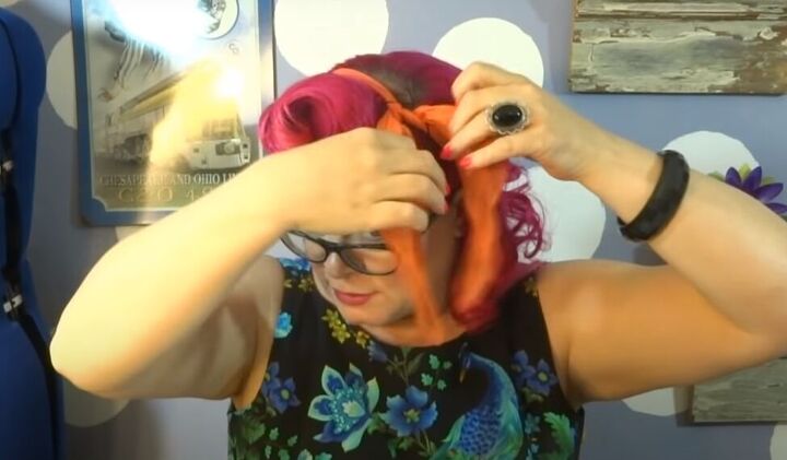 how to tie a vintage hair scarf in 7 different ways, Tying the hair scarf around the head