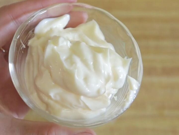 8 step hair care routine for damaged hair with diy hair oil mask, Half a cup of mayonnaise