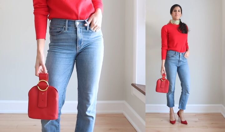 what to wear with straight leg jeans 24 cute outfits for any season, Red and blue straight jeans outfit ideas