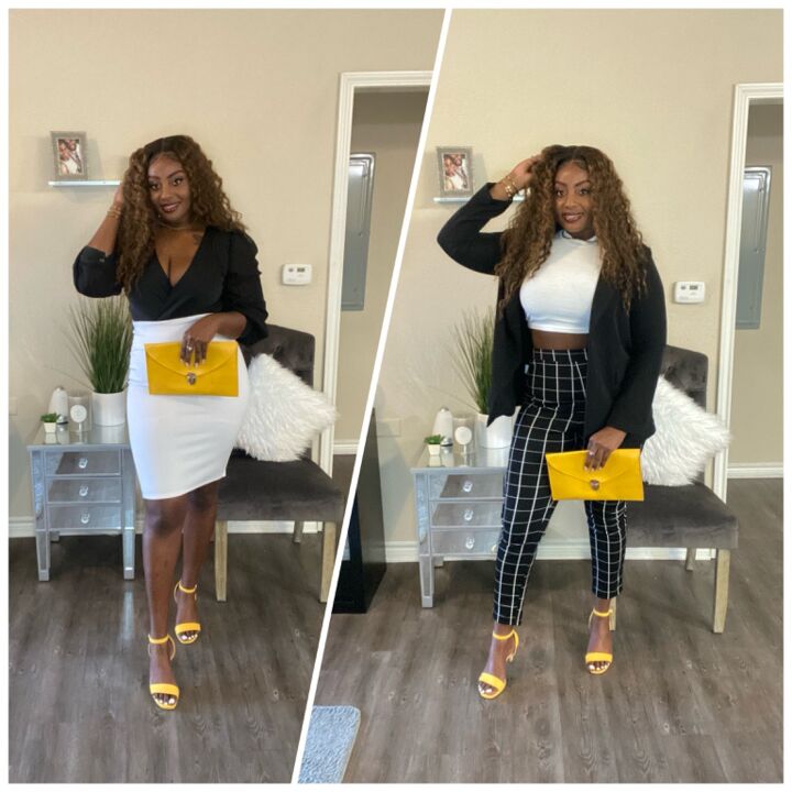 two styles with yellow heels and yellow clutch