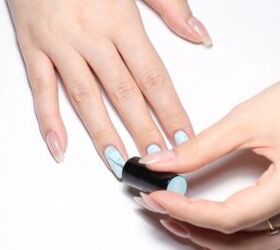 how to put a spin on a classic manicure using a fun french tip hack, Applying colored gel polish to nails