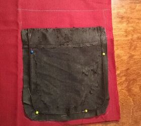 sew a patch pocket on anything elise s sewing studio, Pin old pocket to new fabric and trace