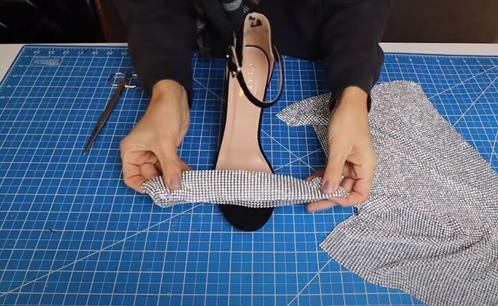 how to make stunning alexander wang inspired heels for 25, Cutting strips of crystal mesh fabric