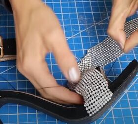 how to make stunning alexander wang inspired heels for 25, Hand sewing the crystal mesh to the strap