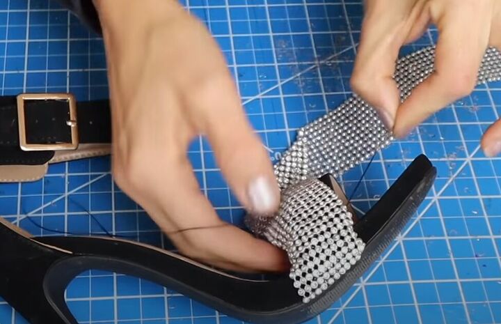 how to make stunning alexander wang inspired heels for 25, Hand sewing the crystal mesh to the strap