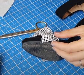 how to make stunning alexander wang inspired heels for 25, Cutting the edge of the crystal mesh strip