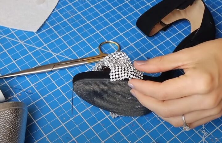 how to make stunning alexander wang inspired heels for 25, Cutting the edge of the crystal mesh strip