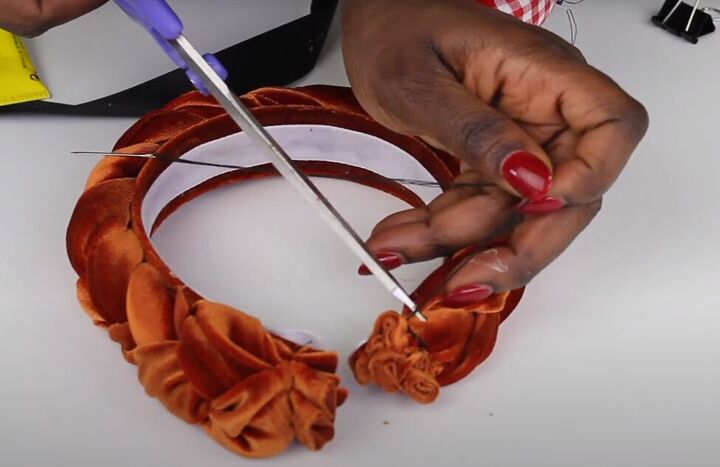 how to easily make diy braided top knot turban headbands, Head sewing the ends of the braid