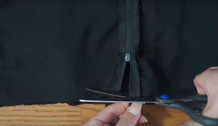 how to make a lace top with lining a step by step tutorial, Trimming the end of the zipper