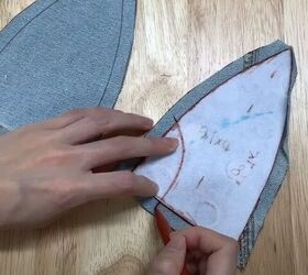 how to make a baseball cap out of an old pair of denim jeans, Placing interfacing on a denim piece