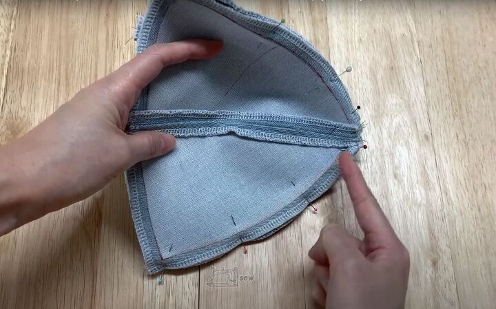 how to make a baseball cap out of an old pair of denim jeans, Pinning the triangle pieces ready to sew