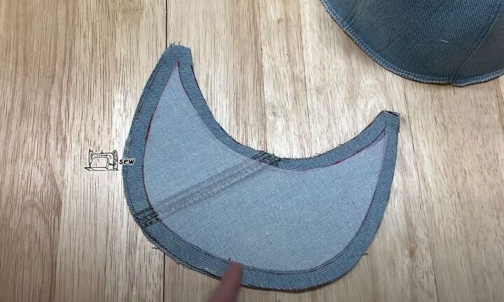 how to make a baseball cap out of an old pair of denim jeans, Sewing the brim of the baseball cap