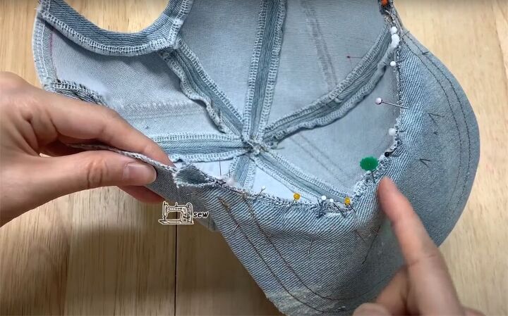 how to make a baseball cap out of an old pair of denim jeans, Attaching the cap to the brim