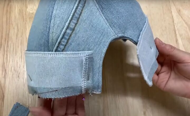 how to make a baseball cap out of an old pair of denim jeans, Sewing the facing onto the cap