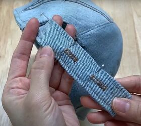 how to make a baseball cap out of an old pair of denim jeans, Sewing the back strap and closure