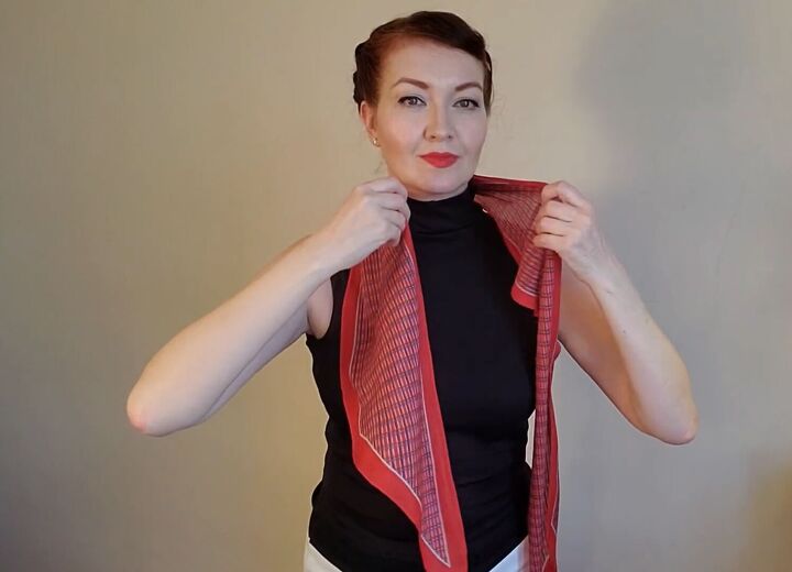 6 elegant audrey hepburn scarf styles how to wear them, Placing the scarf around the neck