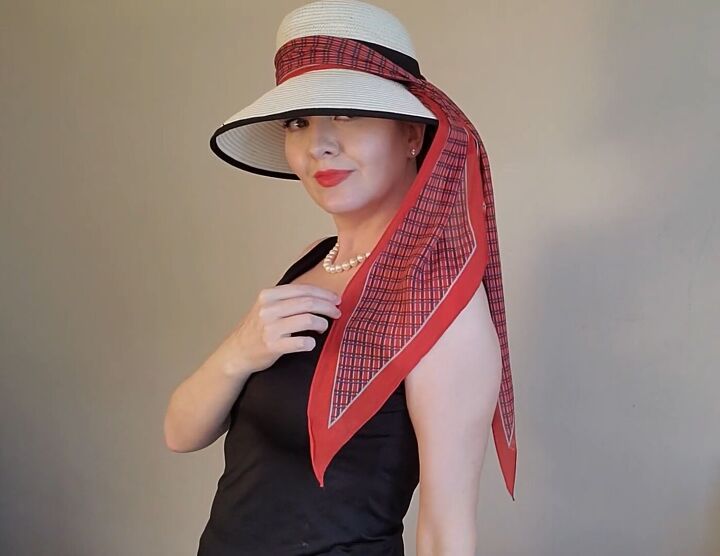 6 elegant audrey hepburn scarf styles how to wear them, Wearing a scarf around a hat like Audrey Hepburn