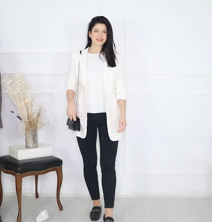 19 on trend black skinny jeans outfits to update your style, Black and white skinny jeans and blazer outfit