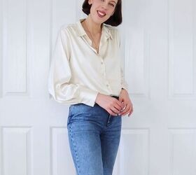 how to recreate the effortless french girl aesthetic, Classic French aesthetic outfit with a silk blouse and blue jeans