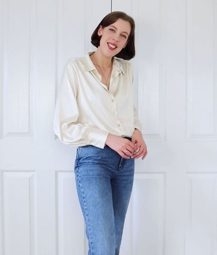 how to recreate the effortless french girl aesthetic, Classic French aesthetic outfit with a silk blouse and blue jeans
