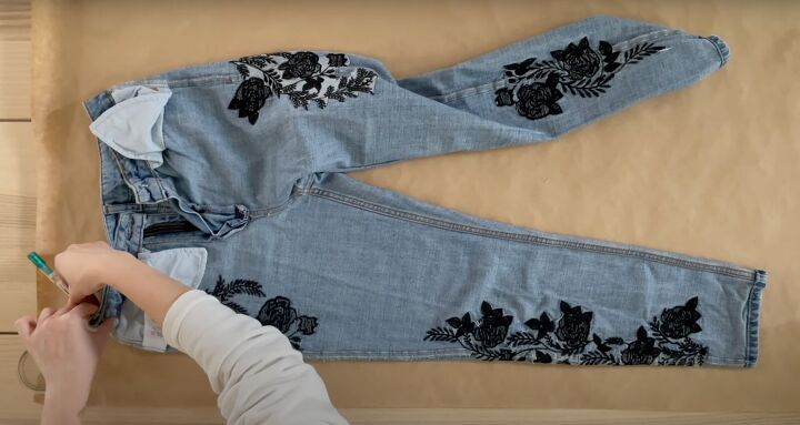 how to make cute diy two tone jeans inspired by reformation, Tracing the front of the jeans