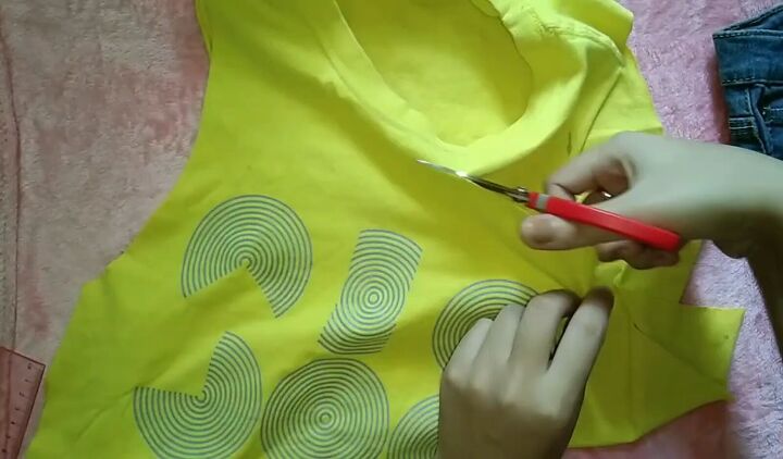 how to easily upcycle shorts to make them more summery, Cutting up an old yellow t shirt