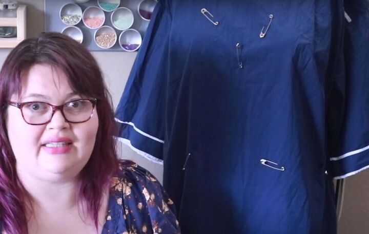how to make a dress out of a shower curtain an old shirt, Marking the new neckline