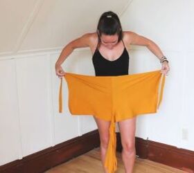 how to make a multi way wrap that can be a top shorts or skirt, Lining up the DIY wrap at the waist