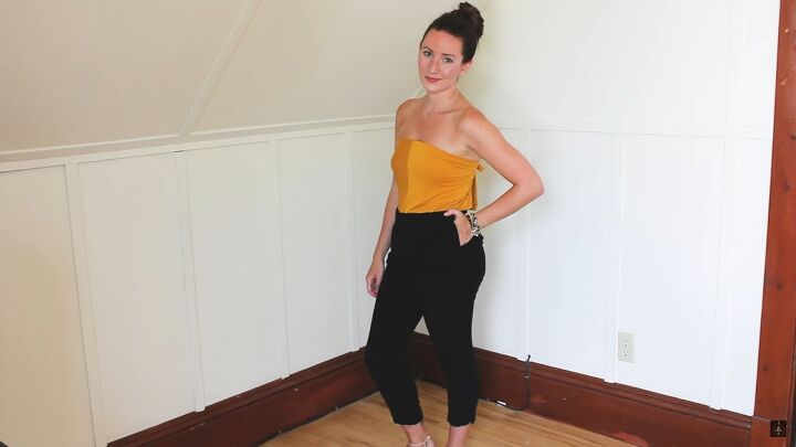 how to make a multi way wrap that can be a top shorts or skirt, Tucking the DIY wrap top into pants