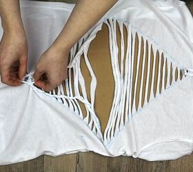 how to create a diamond with t shirt cutting weaving braiding, DIY t shirt cutting and weaving 101