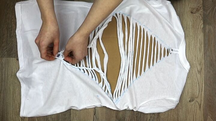 how to create a diamond with t shirt cutting weaving braiding, DIY t shirt cutting and weaving 101