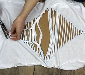 how to create a diamond with t shirt cutting weaving braiding, Tying the ends together