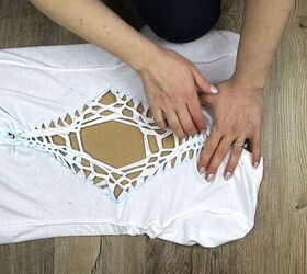 how to create a diamond with t shirt cutting weaving braiding, Adjusting the t shirt weaving design